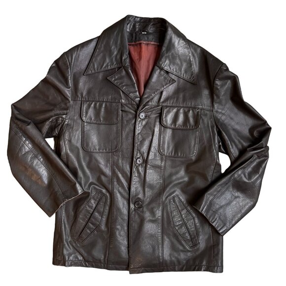 Vtg Western Leather Jacket Mens 42 Korea Vintage Brown Cowboy Peter Pan Collar - Picture 1 of 7